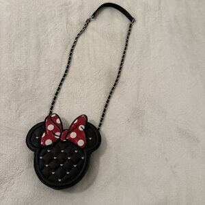 Loungefly Minnie Mouse Black Quilted Faux Leather Purse Bag Chain Strap Red Bow